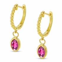 14K Yellow Gold Oval Pink Tourmaline Dangle Birthstone Textured Huggie Earrings
