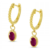 14K Yellow Gold Oval Ruby Dangle Birthstone Textured Huggie Earrings