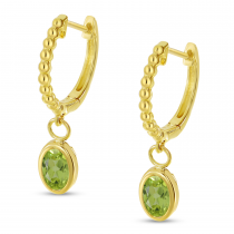 14K Yellow Gold Oval Peridot Dangle Birthstone Textured Huggie Earrings