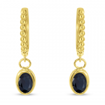 14K Yellow Gold Oval Sapphire Dangle Birthstone Textured Huggie Earrings