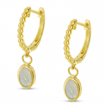 14K Yellow Gold Oval Opal Dangle Birthstone Textured Huggie Earrings