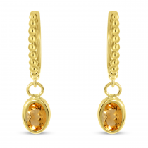 14K Yellow Gold Oval Citrine Dangle Birthstone Textured Huggie Earrings