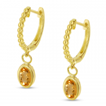 14K Yellow Gold Oval Citrine Dangle Birthstone Textured Huggie Earrings