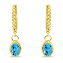 14K Yellow Gold Oval Blue Topaz Dangle Birthstone Textured Huggie Earrings