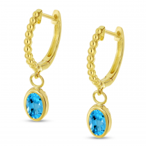 14K Yellow Gold Oval Blue Topaz Dangle Birthstone Textured Huggie Earrings
