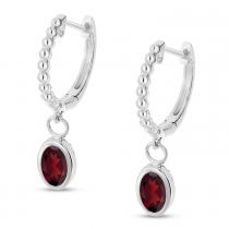 14K White Gold Oval Garnet Dangle Textured Huggie Earrings