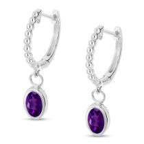 14K White Gold Oval Amethyst Dangle Textured Huggie Earrings