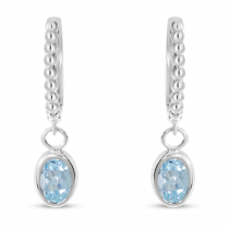 14K White Gold Oval Aquamarine Dangle Textured Huggie Earrings