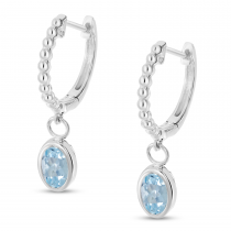 14K White Gold Oval Aquamarine Dangle Textured Huggie Earrings