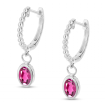 14K White Gold Oval Pink Tourmaline Dangle Textured Huggie Earrings