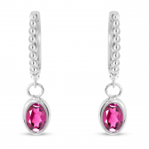 14K White Gold Oval Pink Tourmaline Dangle Textured Huggie Earrings