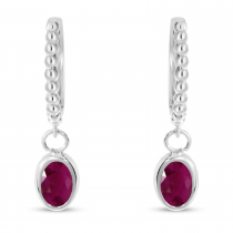 14K White Gold Oval Ruby Dangle Textured Huggie Earrings