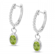 14K White Gold Oval Peridot Dangle Textured Huggie Earrings