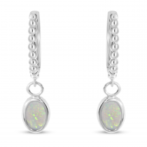 14K White Gold Oval Opal Dangle Textured Huggie Earrings