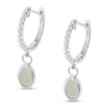 14K White Gold Oval Opal Dangle Textured Huggie Earrings