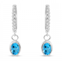 14K White Gold Oval Blue Topaz Dangle Textured Huggie Earrings