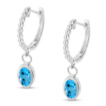 14K White Gold Oval Blue Topaz Dangle Textured Huggie Earrings