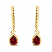 14K Yellow Gold Pear Garnet Dangle Birthstone Textured Huggie Earrings