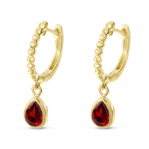 14K Yellow Gold Pear Garnet Dangle Birthstone Textured Huggie Earrings