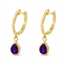 14K Yellow Gold Pear Amethyst Dangle Birthstone Textured Huggie Earrings