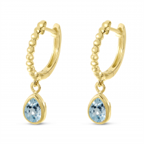14K Yellow Gold Pear Aquamarine Dangle Birthstone Textured Huggie Earrings