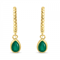 14K Yellow Gold Pear Emerald Dangle Birthstone Textured Huggie Earrings