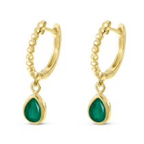 14K Yellow Gold Pear Emerald Dangle Birthstone Textured Huggie Earrings