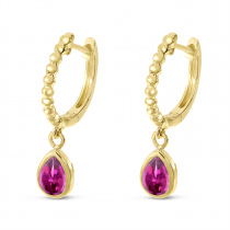 14K Yellow Gold Pear Pink Topaz Dangle Birthstone Textured Huggie Earrings