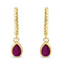 14K Yellow Gold Pear Ruby Dangle Birthstone Textured Huggie Earrings