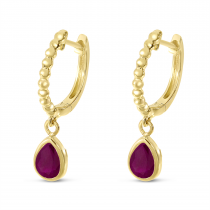 14K Yellow Gold Pear Ruby Dangle Birthstone Textured Huggie Earrings