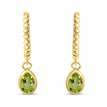 14K Yellow Gold Pear Peridot Dangle Birthstone Textured Huggie Earrings