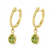 14K Yellow Gold Pear Peridot Dangle Birthstone Textured Huggie Earrings