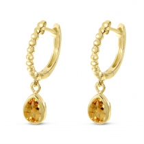 14K Yellow Gold Pear Citrine Dangle Birthstone Textured Huggie Earrings