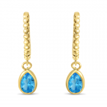14K Yellow Gold Pear Blue Topaz Dangle Birthstone Textured Huggie Earrings