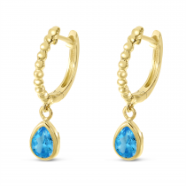 14K Yellow Gold Pear Blue Topaz Dangle Birthstone Textured Huggie Earrings