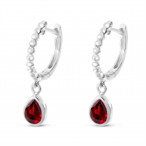 14K White Gold Pear Garnet Dangle Birthstone Textured Huggie Earrings