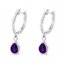 14K White Gold Pear Amethyst Dangle Birthstone Textured Huggie Earrings