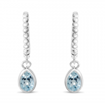 14K White Gold Pear Aquamarine Dangle Birthstone Textured Huggie Earrings