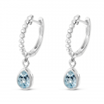 14K White Gold Pear Aquamarine Dangle Birthstone Textured Huggie Earrings