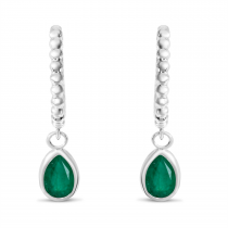 14K White Gold Pear Emerald Dangle Birthstone Textured Huggie Earrings