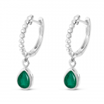 14K White Gold Pear Emerald Dangle Birthstone Textured Huggie Earrings