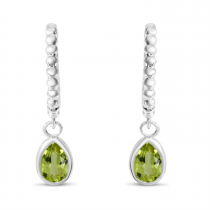 14K White Gold Pear Peridot Dangle Birthstone Textured Huggie Earrings