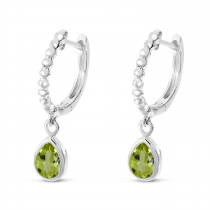 14K White Gold Pear Peridot Dangle Birthstone Textured Huggie Earrings