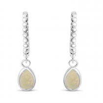 14K White Gold Pear Opal Dangle Birthstone Textured Huggie Earrings