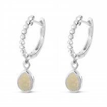 14K White Gold Pear Opal Dangle Birthstone Textured Huggie Earrings