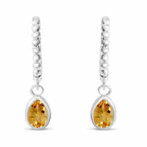 14K White Gold Pear Citrine Dangle Birthstone Textured Huggie Earrings