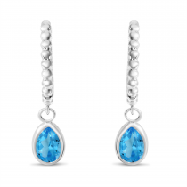 14K White Gold Pear Blue Topaz Dangle Birthstone Textured Huggie Earrings