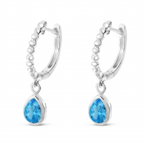 14K White Gold Pear Blue Topaz Dangle Birthstone Textured Huggie Earrings