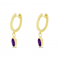 14K Yellow Gold Oval Amethyst Dangle Birthstone Huggie Earrings