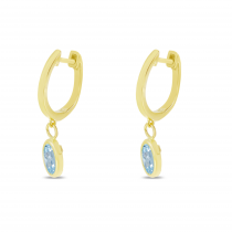 14K Yellow Gold Oval Aquamarine Dangle Birthstone Huggie Earrings